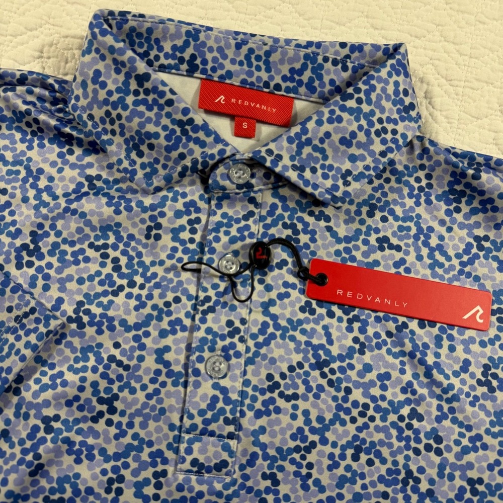 NWT Redvanly Mens Blue Lavender Polka Dot Athletic Golf Polo Shirt Size S